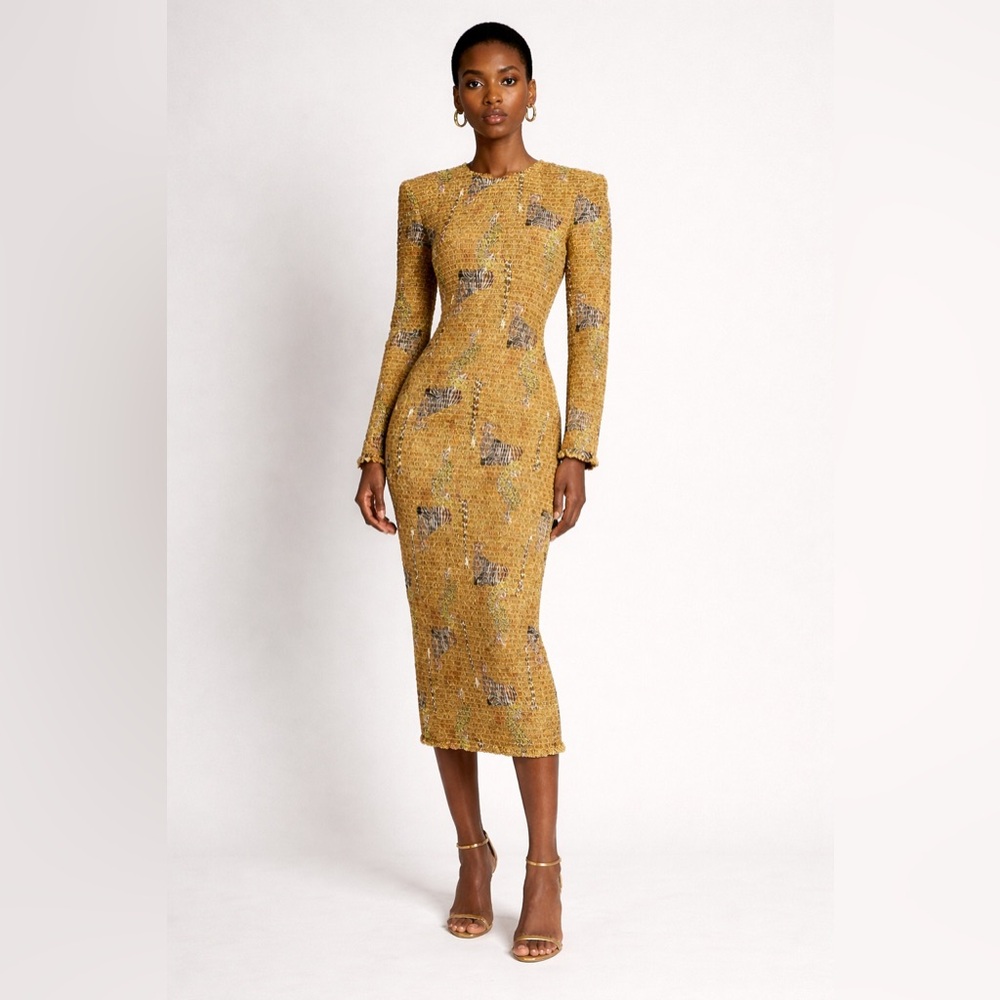 Rhode Bodycon Yellow Smocked Midi Dress Long Sleeve
